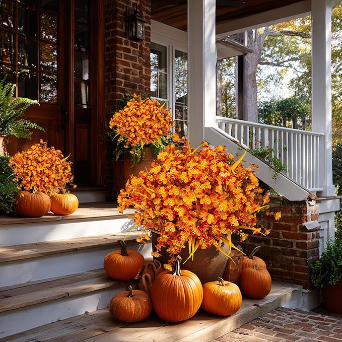 Artificial Mums for Outdoor Fall Flowers - Fake Plants UV Resistant No Fade Faux Plastic Home Decor Garden Porch Patio (1, OrangeMixed)
