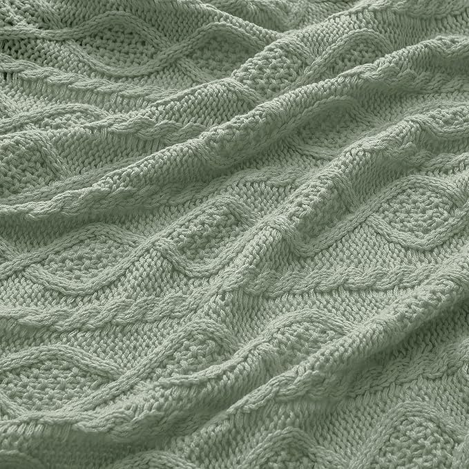 Homiest Cable Knit Throw Blanket and Pillow Set, Sage Green Set of 3, Knitted Throw (50"x60") & 2 Pillow Covers (18"x18"), Soft & Cozy Decorative for Couch Bed Sofa