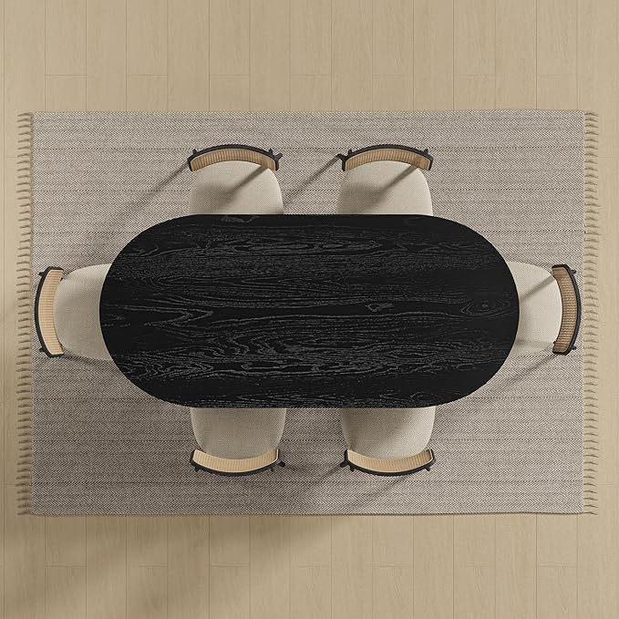 Casaphoria 67" Dining Table for 6, Wood Kitchen Table with Scratch-Resistant Top & Rattan Base, Modern Farmhouse Oval Dining Table for Living Room, Kitchen, Easy Assembly, Black