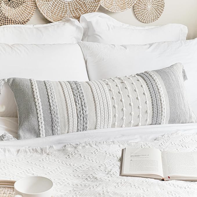 BlissBlush Gray Decorative Lumbar Pillow Cover 14x36, Grey Boho Long Body Pillow for Bed, Farmhouse Lumbar Throw Pillow for Couch, Modern Accent Textured Throw Pillowcase