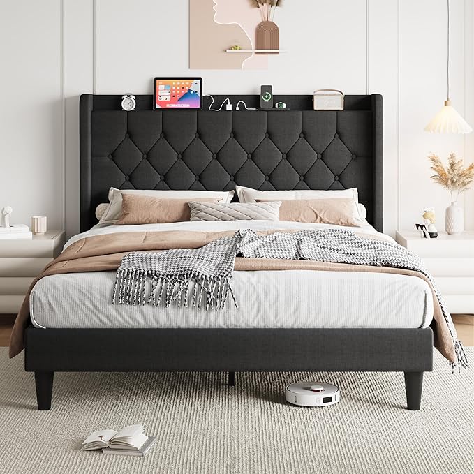 SHA CERLIN Full Size Platform Bed Frame with Charging Station, Velvet Wingback Headboard with Storage shelf, Wooden Slats Support, Ample Under-Bed Space, No Box Spring Needed, Easy Assembly, Dark Grey
