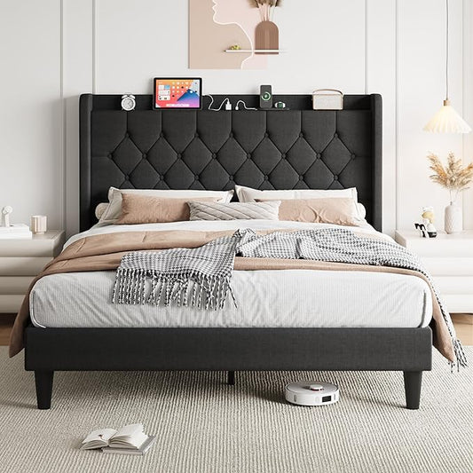SHA CERLIN Queen Platform Bed Frame with Charging Station, Velvet Wingback Headboard with Storage Shelf, Wooden Slats Support, Ample Under-Bed Space, No Box Spring Needed, Easy Assembly, Dark Grey
