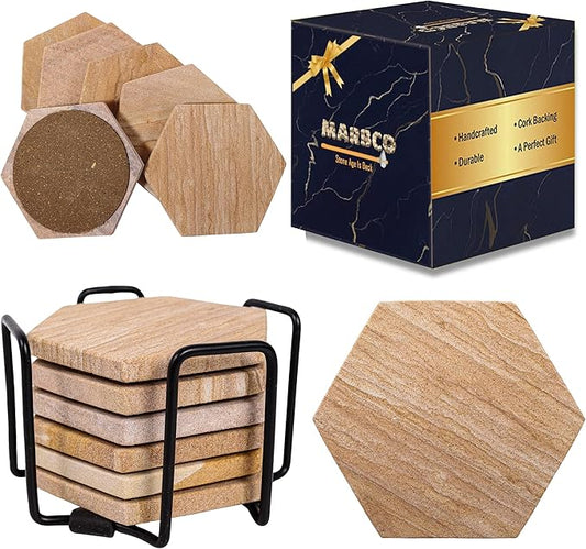 Sandstone Water Absorbent Hand Crafted Hexagon Coasters for Drinks - 4 Inches Wide Thirsty Stone Bar/Drink Coasters- Made from Rainbow Sandstone (Set of 6 with Holder)
