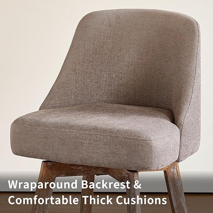 IWOOD Mid Century Modern Counter Height Bar Stools Set of 4,360° Swivel Barstools with Solid Wood Legs，26'' Island Chairs with Wrap-Around Backrest,Grey Linen Comfort Fabric
