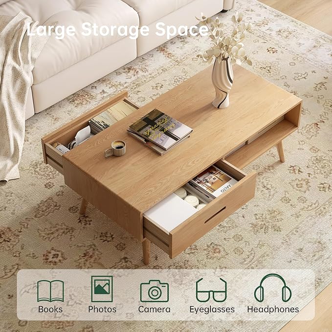 100% Solid Wood Coffee Table for Living Room, 39.37'' W Mid-Century Modern Coffee Table with Storage Shelf and 2 Drawers, Oak Coffee Tables for Home (Original Wood Color)