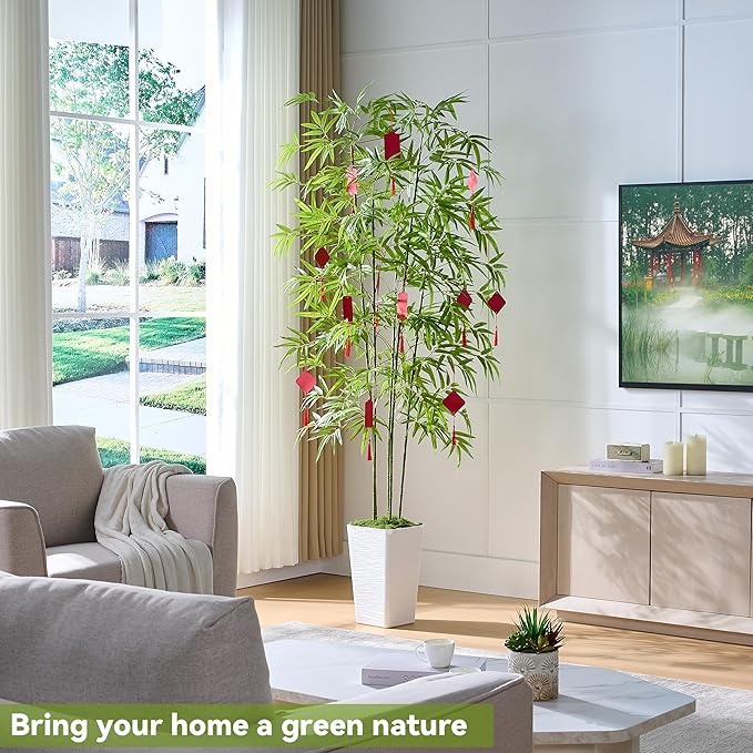 Artificial Bamboo Tree 6FT Tall Fake Plants Faux Bamboo Plant with White Tall Planter, Artificial Fake Trees Silk Plant with 5 Trunks and Lifelike Leaves for Home Office Indoor Outdoor Decor