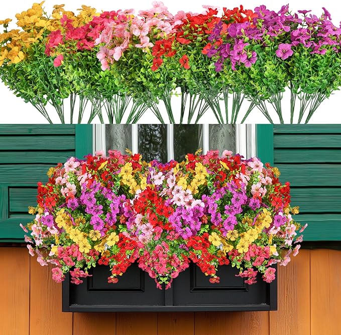 30 Bundles Artificial Flowers Faux Plants Flowers for Outdoor Spring Summer Decoration UV Resistant Artificial Plastic Plants Silk Flowers for Home Planter Porch Window Box Yard