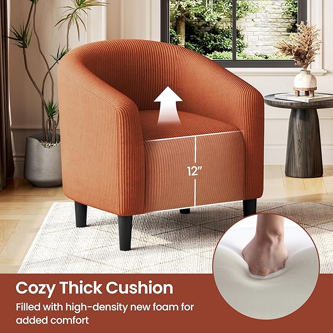 Yaheetech Accent Barrel Chair, Corduroy Fabric Club Chair, Furry Sherpa Elegant Armchair with Cozy Soft Padded, Suitable for Living Room Bedroom Reception Room Office, Brick Red