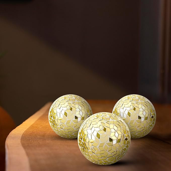 Alpha Living Home 3.5" Glass Mosaic Elegant Antique Gold Metal Sphere Set of 3 - Chic Centerpieces, Farmhouse & Art Deco Home Accents, Vintage Modern Table Decor, Indoor/Outdoor Ornament (Gold)