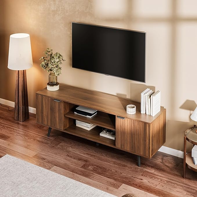 Modern TV Stand with Storage Cabinet, Wood Fashionable TV Cabinet with Waveform Panel and Adjustable Shelf, Entertainment Center TV Stand for TV, Living Room (Dark Walnut Wood)