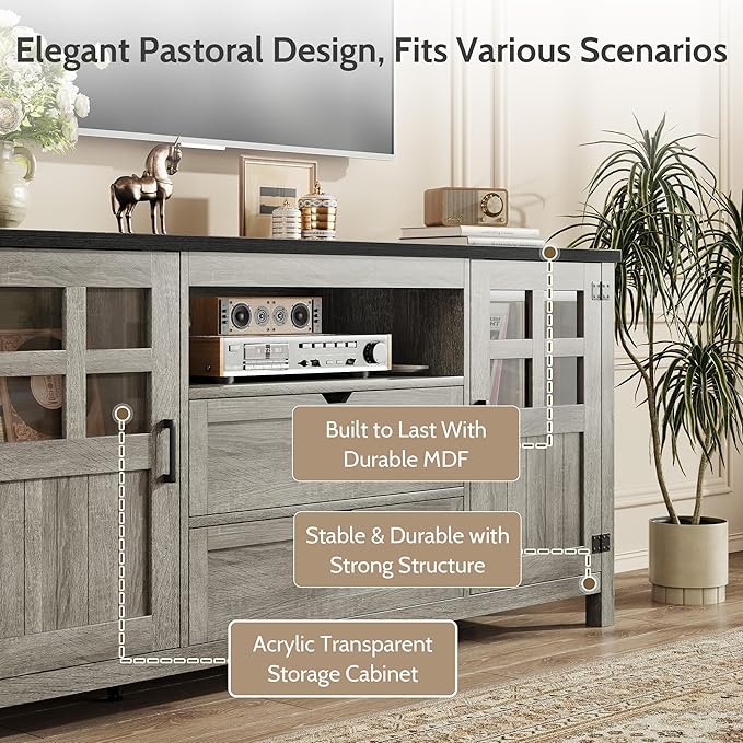 Farmhouse TV Stand for 65 Inch TVs, Entertainment Center with Adjustable Shelves, 2 Barn Doors and Drawers, Storage Media Cabinet for Living Room or Bedroom - Grey