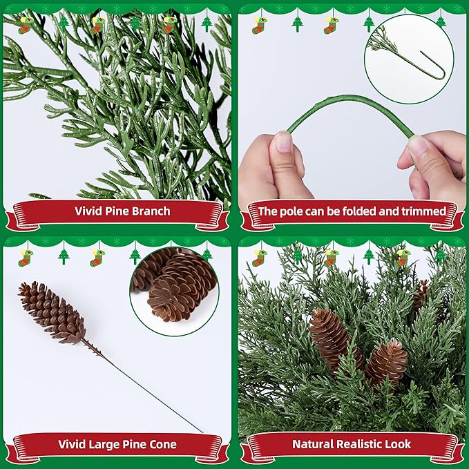 Cedar Stems Artificial Norfolk Pine Branches for Christmas Decor, 12 PCS Fake Pine Stems with 5 PCS Big Pine Cones Branches Realistic Fake Plants Faux Greenery for Vases DIY Garland Xmas Table Indoor