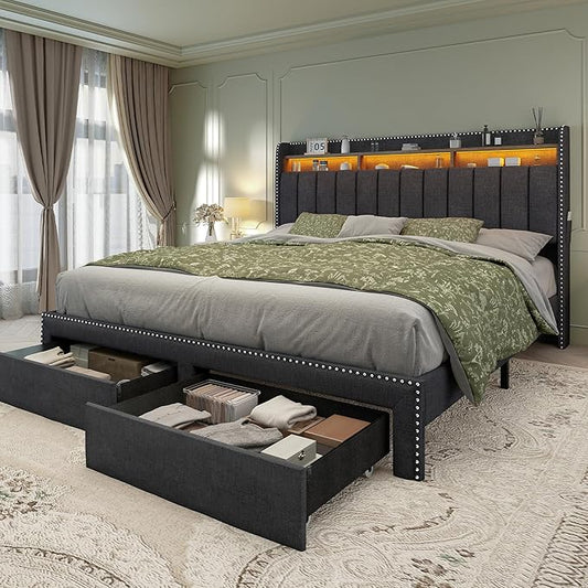 Torana Full LED Bed Frame with 2 Drawers, Linen Upholstered Storage Wingback Headboard Beds, Channel Tufted Platform Bedframe with Rivet Decor, No Box Spring Needed, Dark Grey