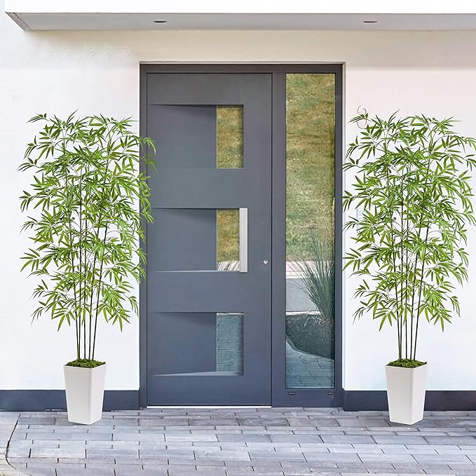 Artificial Bamboo Tree 6FT Tall Fake Plants Faux Bamboo Plant with White Tall Planter, Artificial Fake Trees Silk Plant with 5 Trunks and Lifelike Leaves for Home Office Indoor Outdoor Decor