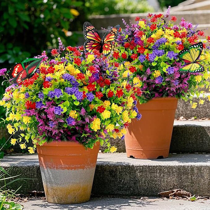24 Bundles Artificial Flowers for Outdoors UV Resistant, Artificial Flowers Outdoor Decoration, No Fade Faux Fake Flowers Greenery Shrub Plants for Garden Home Front Porch Window Hanging Decor