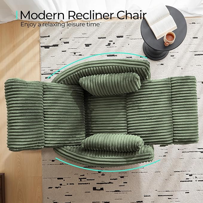 LINSY 360 Swivel Recliner Chair - Corduroy Nursery Glider Rocking Chair with 2 Pillows, Comfy High Back Adult Recliner for Small Spaces, Nursery Bedroom Living Room Reclining (Green)