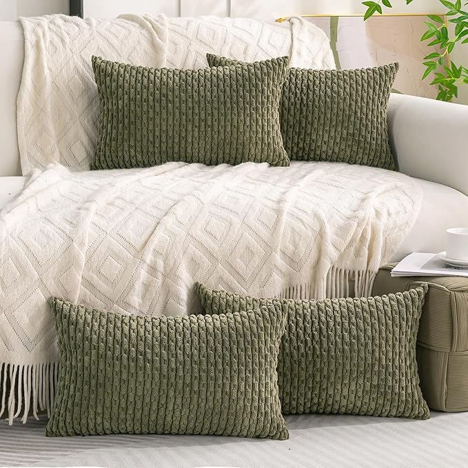 Set of 4 Olive Green Decorative Throw Pillow Covers 12x20 Inch Corduroy Pillow Covers for Bed Couch Sofa Living Room Soft Cushion Cases