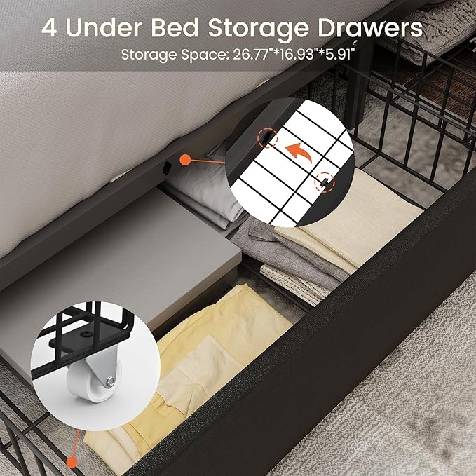 LARMACE Queen Size Platform Bed Frame with 4 Storage Drawers and Tufted Headboard Velvet Upholstered Bed Frame with Heavy Duty Wood Slats, No Box Spring Needed, Easy Assembly, Black