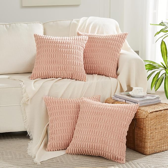 Fancy Homi 4 Packs Boho Pink Decorative Throw Pillow Covers 16x16 Inch for Living Room Couch Bed Sofa, Rustic Modern Farmhouse Home Decor, Soft Plush Corduroy Cute Square Cushion Case 40x40 cm