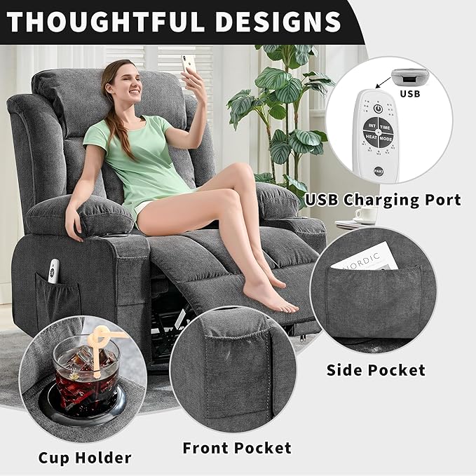 GarveeHome 360° Swivel Rocker Recliner Chair with Heat Massage, Widen Overstuffed Single Sofa Lounge Chair with 3 Positions 2 Side Pockets Cup Holders USB Ports Remote Control Gray
