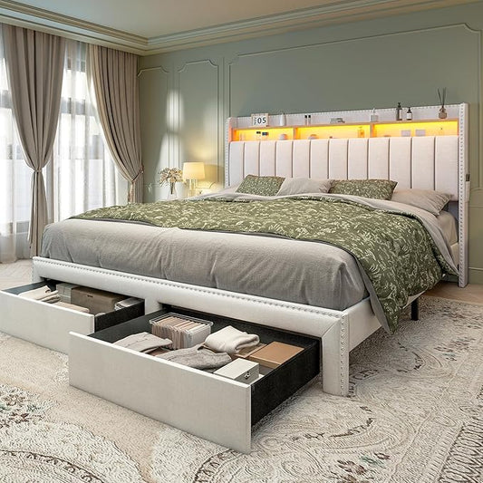 Torana Full LED Bed Frame with 2 Drawers, Linen Upholstered Storage Wingback Headboard Beds, Channel Tufted Platform Bedframe with Rivet Decor, No Box Spring Needed, Natural