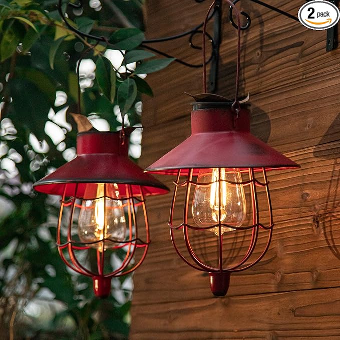 YAKii 2 Pack Solar Lantern Hanging Waterproof Outdoor Metal Solar Lamp with Warm White Light Decorate for Yard Garden Pathway Patio Porch Decor (Red)