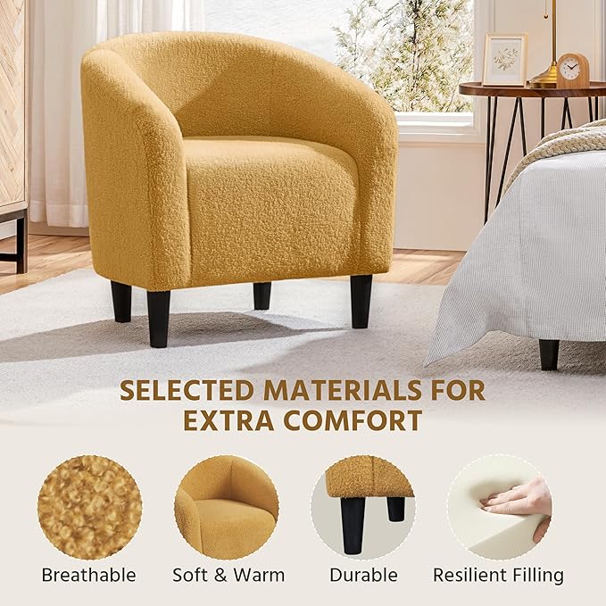 Yaheetech Accent Barrel Chair, Boucle Fabric Club Chair, Furry Sherpa Elegant and Cozy, Soft Padded Armchair for Living Room Bedroom Reception Room Office, Mustard Yellow