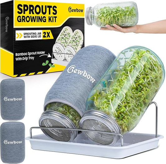 [LARGE SIZE] 2000ml(68oz) Seed Sprouting Mason Jar Kit with Stand,Drain Tray, Screen Lids,Blackout Sleeves,Good Ventilation & Drainage Capacity,Growing Fresh Organic Mung Beans,Broccoli & Microgreens