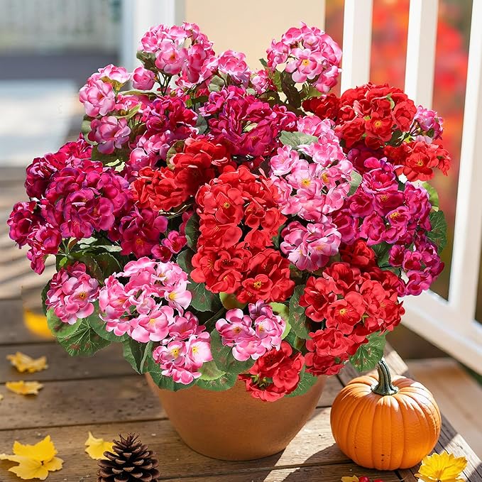 Artificial Geraniums Fake Flowers for Outdoors Decoration, 6 Bundles Silk Geraniums Flower UV Resistant Look Real Faux Plants for Front Door Garden Porch Planter Patio Balcony Yard Indoor Home, Mix