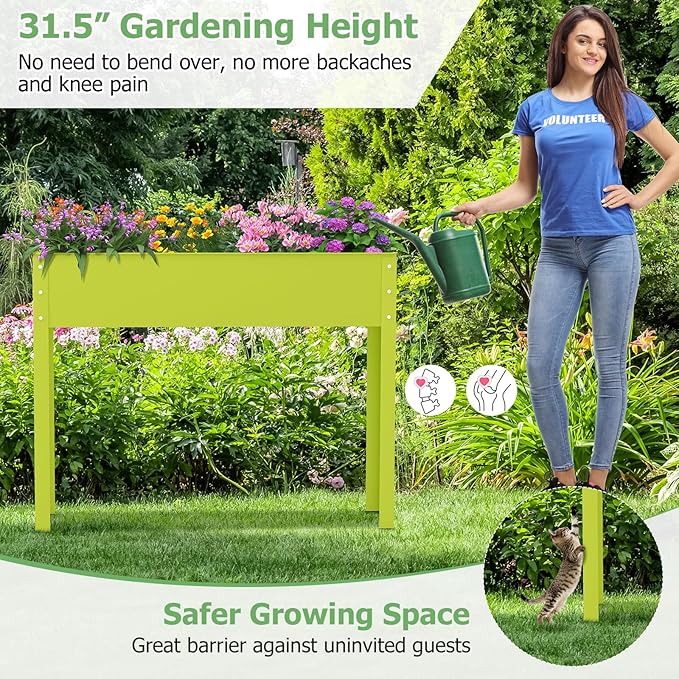 HAPPYGRILL Raised Garden Bed, 31.5” Elevated Planter Box w/Legs, Drainage Hole, Hemming Design, Metal Garden Box for Vegetable Herb, Outdoor Raised Beds for Gardening, Backyard Porch Balcony, Green