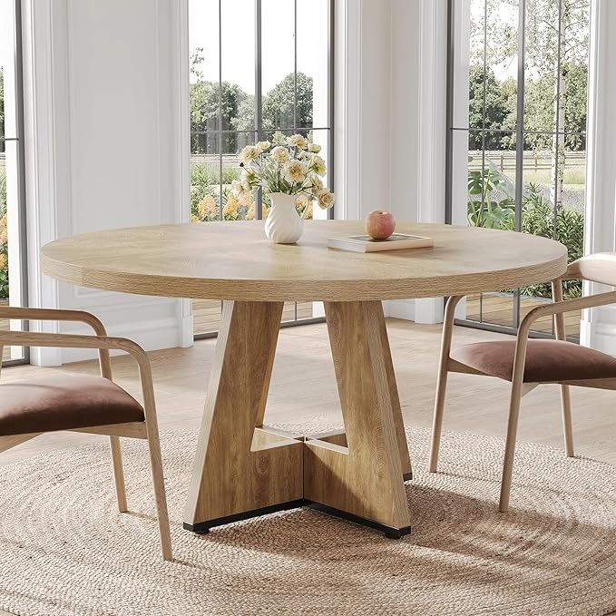 LITTLE TREE Round Dining Table for 4-6 People, 47 Inches Dining Room Table with Wooden Pedestal Base, Circle Kitchen Tables for Dining Room, Kitchen, Living Room, Oak