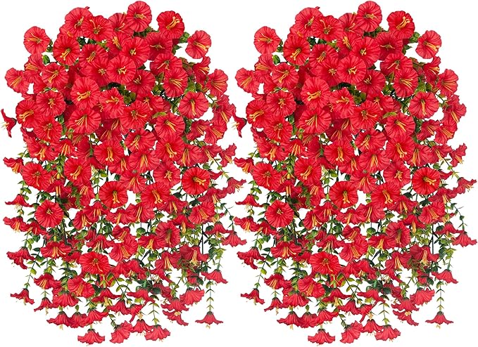 Artificial Faux Hanging Flowers Plants for Outdoor Decor,2 PCS Fake Silk Morning Glory with Eucalyptus Greenery UV Resistant Realistic Vines for Wall Home Porch Patio Balcony Yard Indoor Decor, Red