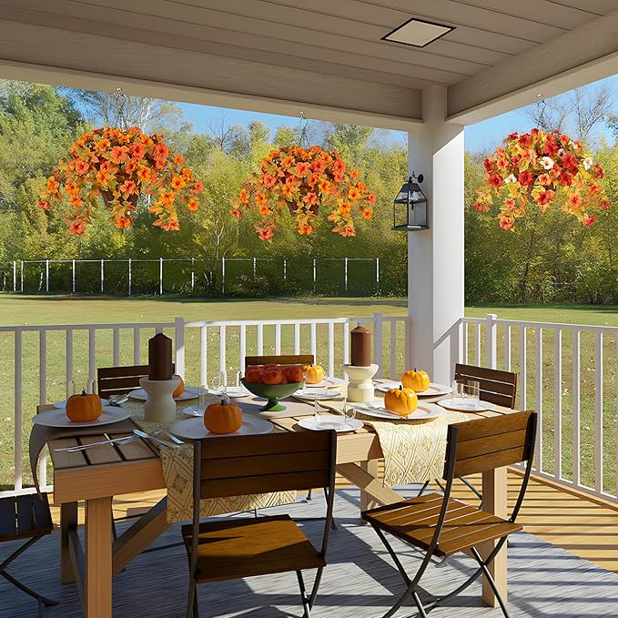 Artificial Fake Fall Flowers with Hanging Basket for Outdoor Fall Decoration, Silk Faux Flowers UV Resistant Fake Plants for Home Porch Patio Garden Window Box Autumn Decor Look Real (Orange)
