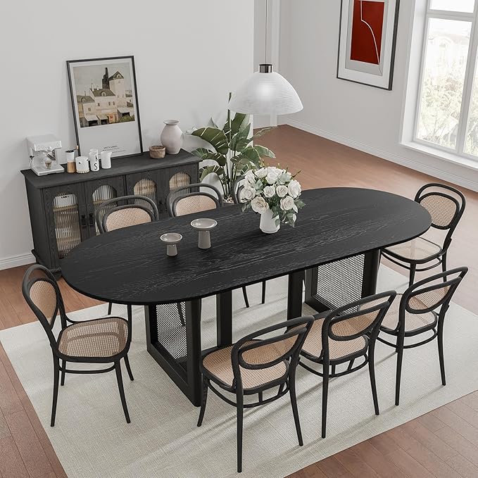 Casaphoria 79" Dining Table for 8, Wood Kitchen Table with Scratch-Resistant Top & Rattan Base, Modern Farmhouse Oval Dining Table for Living Room, Kitchen, Easy Assembly, Black (Chairs not Included)