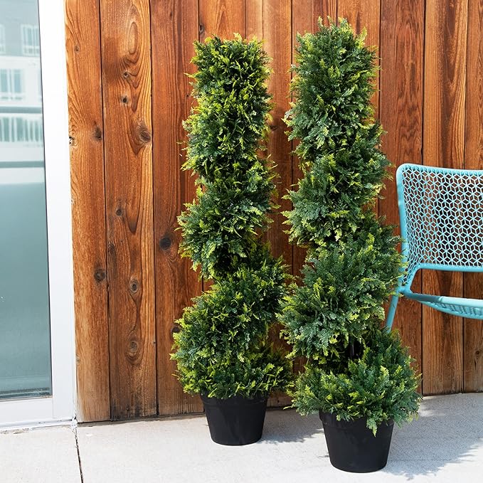 2-Pack Faux Cedar Spiral Topiary Trees - 3.2ft Tall - Planter Included - Artificial Trees for Indoor or Outdoor - Realistic Design with Dense Green Foliage - UV-Protected & Weather-Resistant Plants