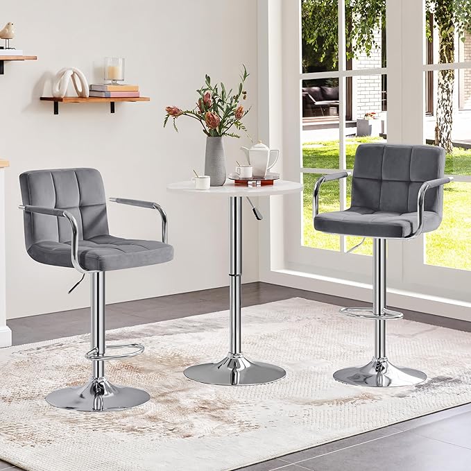 Yaheetech Counter Height Bar Stools Set of 2 Velvet Swivel BarStools for Kitchen Stool Height Adjustable Counter Stool Barstools with Armrest, Velvet, Grey