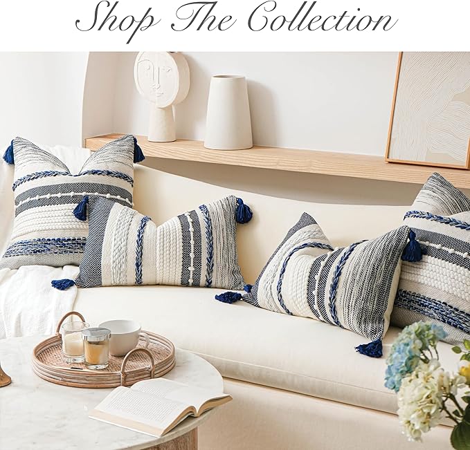 BlissBlush Navy Dark Blue Boho Throw Pillow Cover 22x22 Grey Decorative Accent Pillow for Couch Square Woven Textured Pillowcase Modern Boho Pillow for Bed, Bohemian Pillow Cover (Pack of 1)