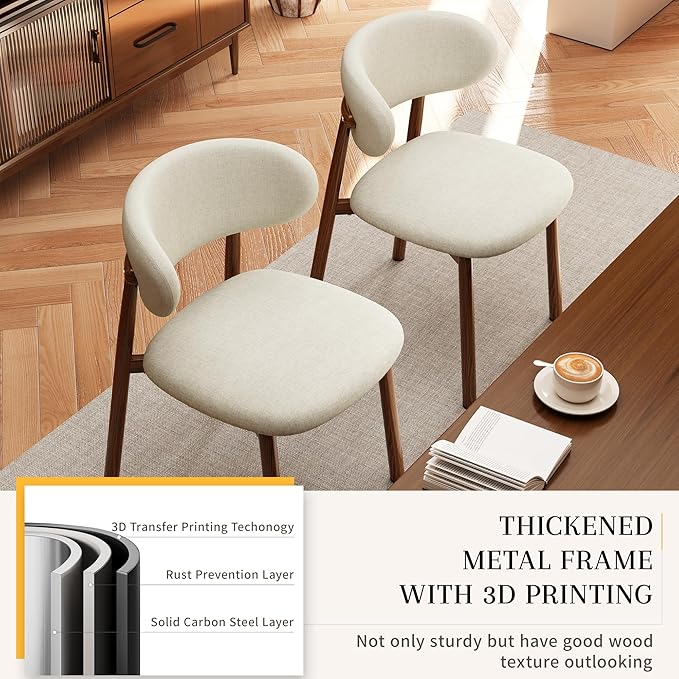 Kitchen Dining Chairs Set of 6 Modern Soft Linen Farmhouse Dining Room Chair with Metal Legs, Beige/Walnut