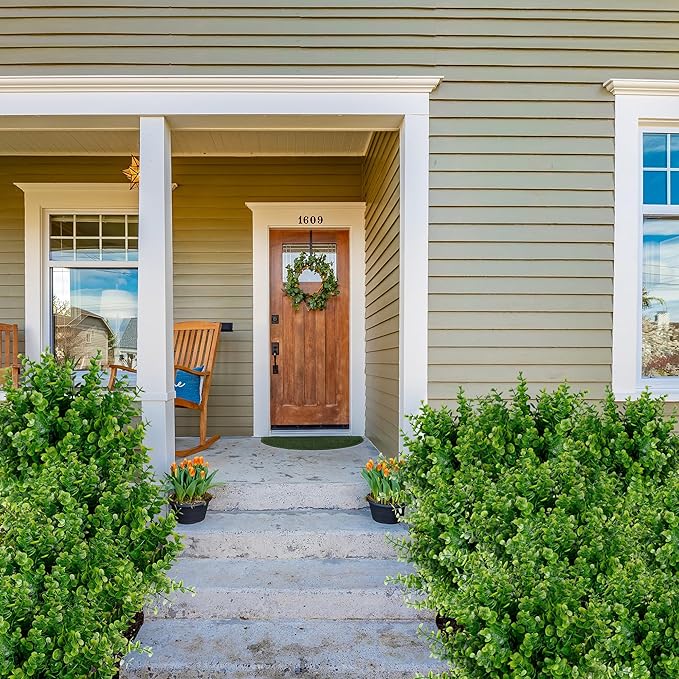 Sggvecsy Artificial Flowers for Outdoors 24 Bundles UV Resistant Boxwood Shrubs Artificial Eucalyptus Fake Plants Faux Plastic Greenery for Farmhouse Garden Indoor Outdoor Home Wedding Decoration