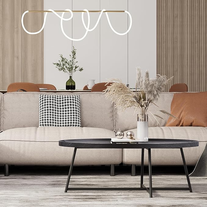 Modern Coffee Table, Oval Wood Coffee Tables Center Table with Metal Leg for Living Room, 47 Inch Living Room Table Accent Furniture (Oval Coffee Table, Black)