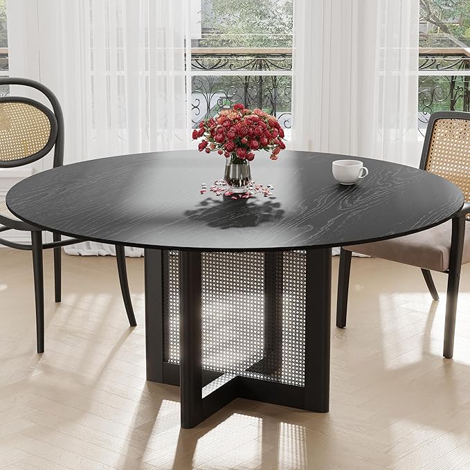 Casaphoria 60" Round Dining Table, Modern Kitchen Table for 8, Scratch-Resistant Top & Rattan Base, Farmhouse Dinner Table for Living Room, Kitchen, Bar, Easy Assembly, Black
