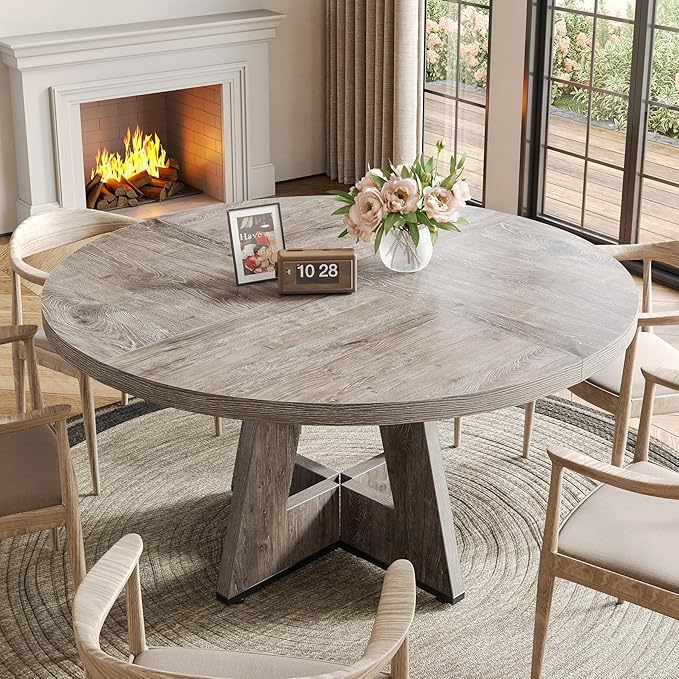 LITTLE TREE Round Dining Table for 4-6 People, 47 Inches Dining Room Table with Wooden Pedestal Base, Grey Dinner Tables, Circle Kitchen Tables for Dining Room, Kitchen, Living Room(Table Only)