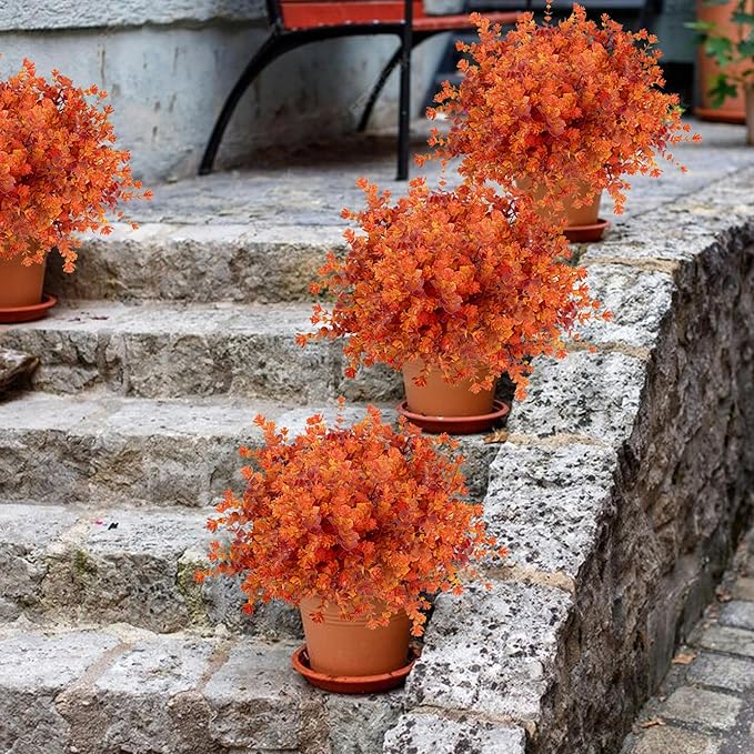 Outdoor Artificial Flowers UV Resistant, 20 Bundles Fake Realistic Floral Greenery Plants for Outside Porch, Window Boxes, Garden, Yard, Inside Home Table Decor,RedOrange
