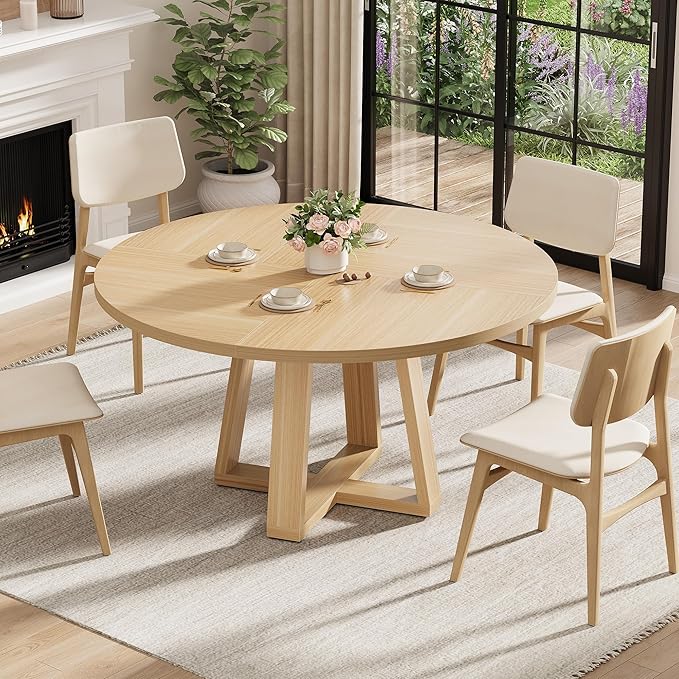 GAOMON Round Dining Table for 4-6, 47" Circle Dining Room Table with Sturdy Cross Base, Farmhouse Wood Dinner Table for Apartment Kitchen Living Room, Natural (Table Only)
