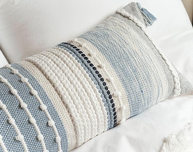 BlissBlush Coastal Blue Decorative Lumbar Pillow Cover 14x36 Boho Long Body Pillow for Bed Farmhouse Lumbar Throw Pillow for Couch Modern Accent Textured Throw Pillowcase
