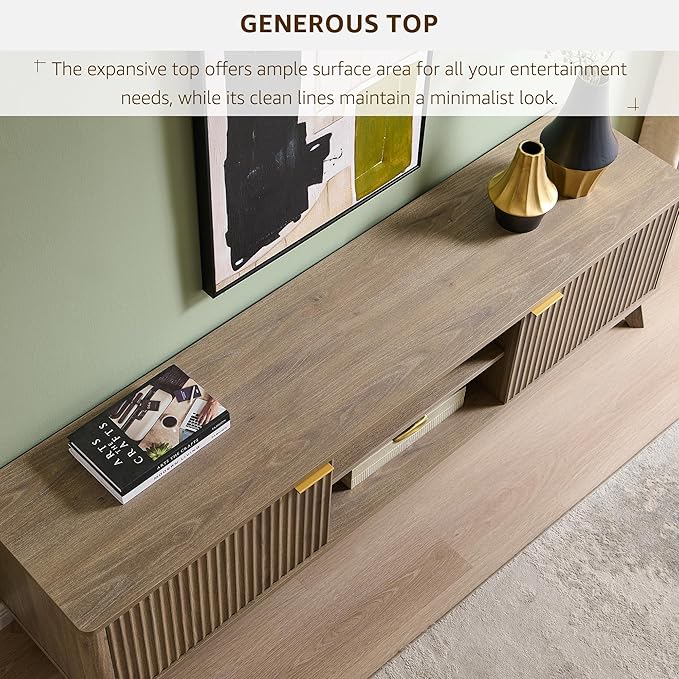 OKD 70" Mid Century Modern Fluted TV Stand, Entertainment Center, Sideboard, Media Console for Living Room with 2 Soft Close Door/Adjustable Shelves (Alder Grey)