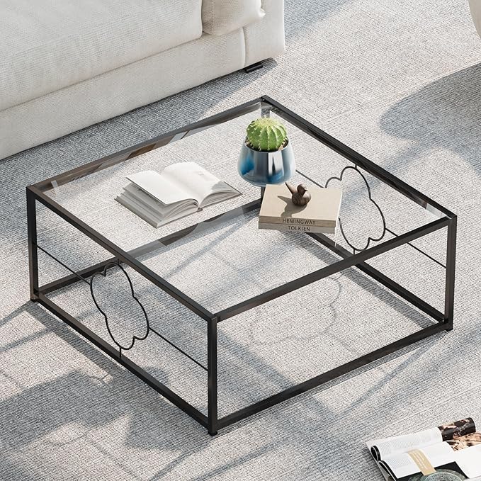 Black Coffee Table Modern Center Table,Glass Square Minimalist Coffee Table Tea Table for Living Room,Tempered Glass-top with Sturdy Metal Frame, Easy Assembly,26.4 x 26.4 x 15.7 Inches