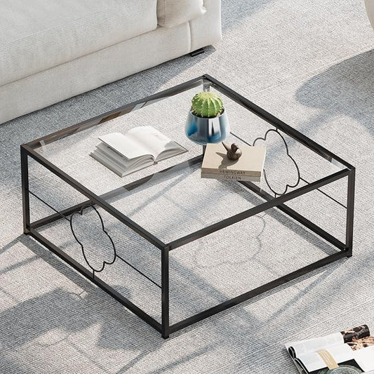 Black Coffee Table Modern Center Table,Glass Square Minimalist Coffee Table Tea Table for Living Room,Tempered Glass-top with Sturdy Metal Frame, Easy Assembly,26.4 x 26.4 x 15.7 Inches