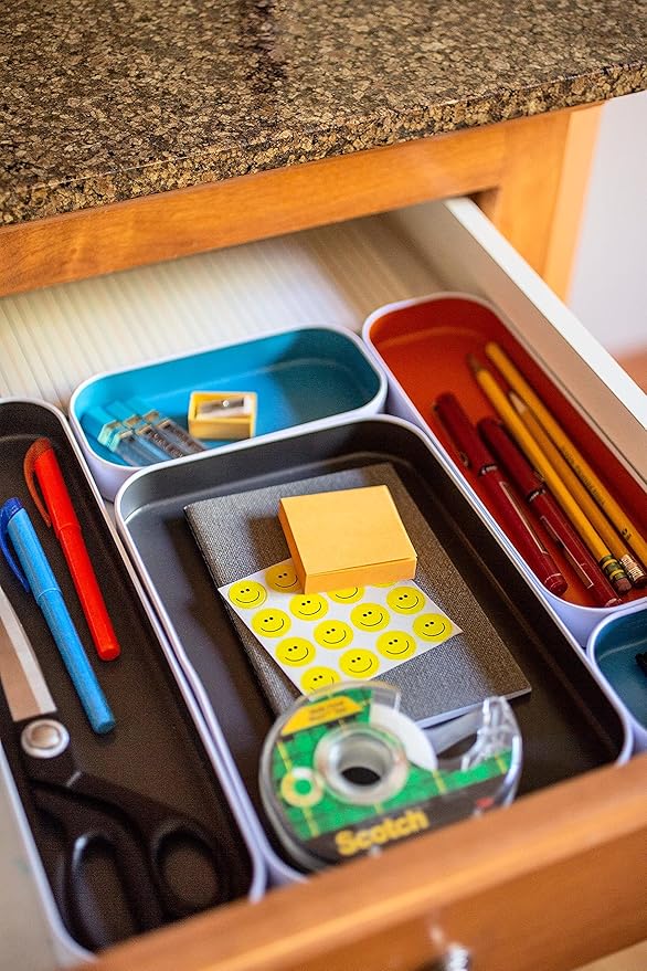 Three by Three Seattle 10 Piece Metal Organizer Tray Set for Storing Makeup, Stationery, Utensils, and More in Office Desk, Kitchen and Bathroom Drawers (1 Inch, Gray, Sky Blue, Orange)