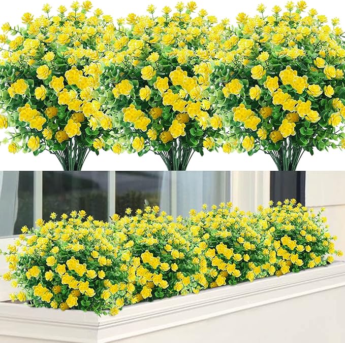 GREENRAIN Artificial Flowers Outdoor Fake Flowers for Decoration UV Resistant No Fade Faux Plastic Plants Garden Porch Window Box Décor (18 Bundles, 2#Yellow)